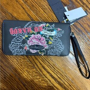 Ed Hardy Black Wallet with Pink Floral Design